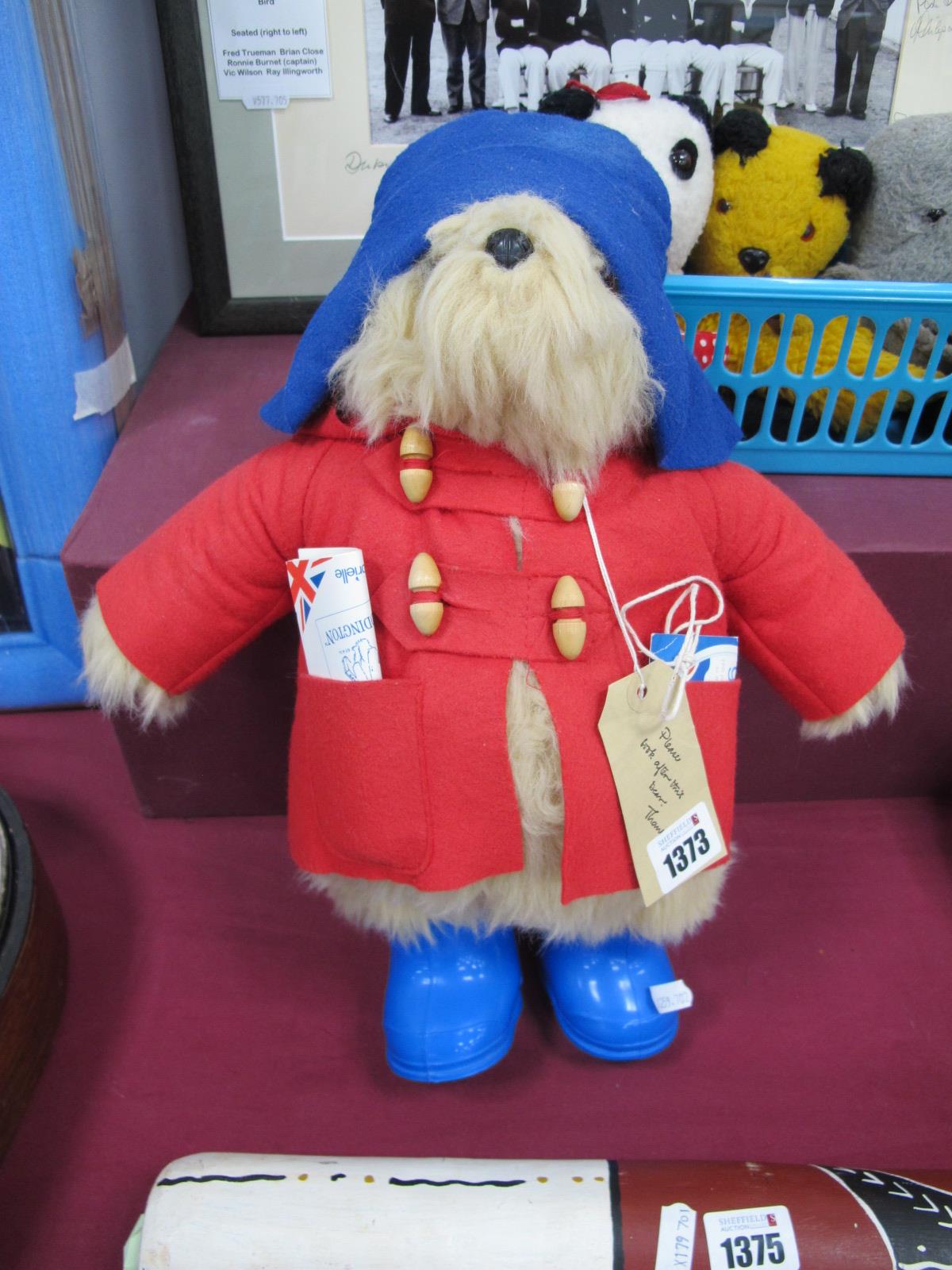 Gabrielle Designs Gold Plush Paddington bear, wearing red duffel coat and blue wellington boots,