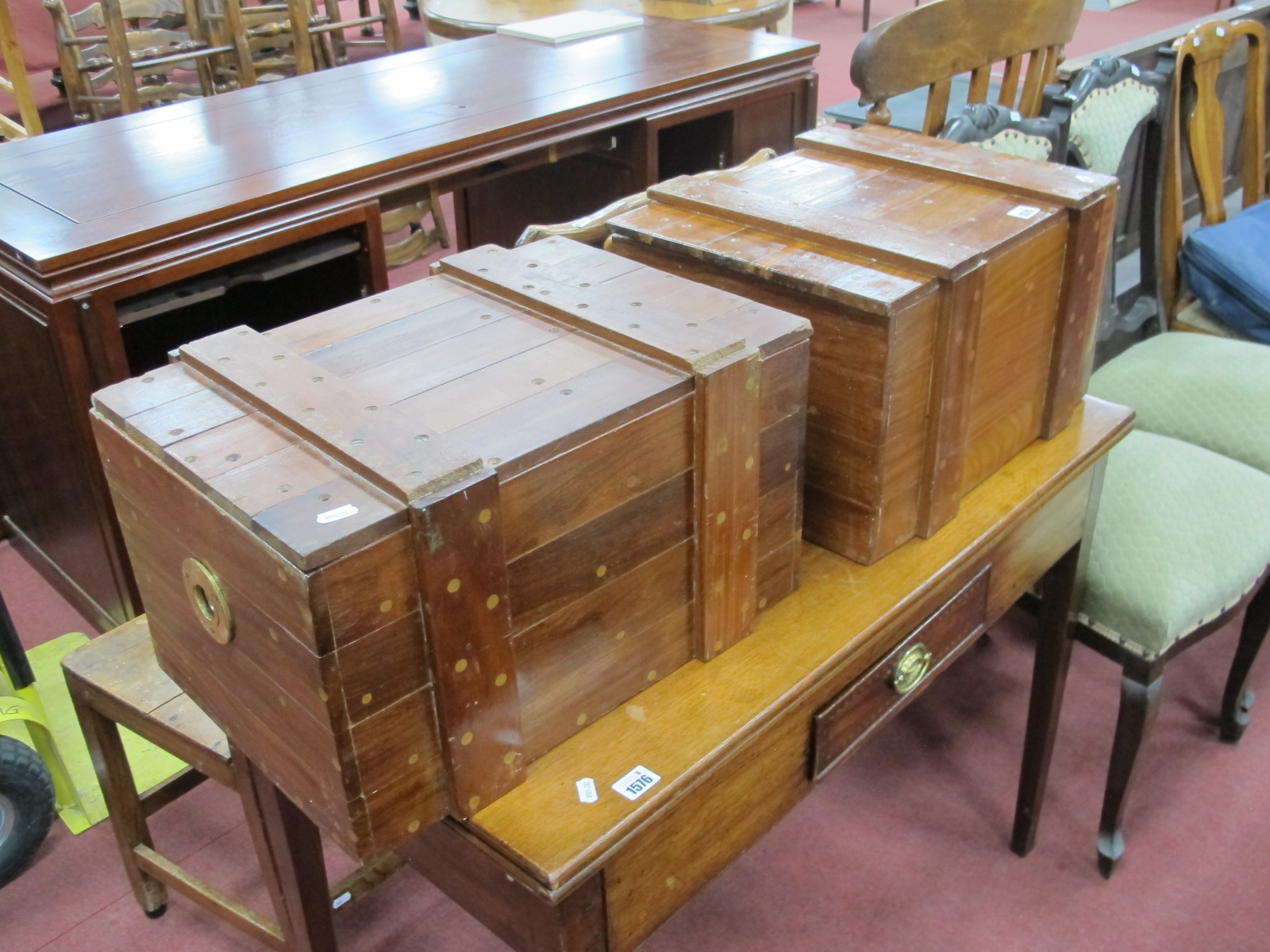 Two Hand Made Boxes, with brass ring handles (2), 47cm wide.