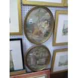 A Pair of Late XIX Century Oval Embroideries, garden and mourning scenes, in gilt frames, 'Mrs