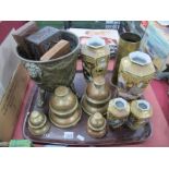 WWI Shell Case, brass jardiniere on three paw feet, temple bells, Japanese Satsuma vases, carved