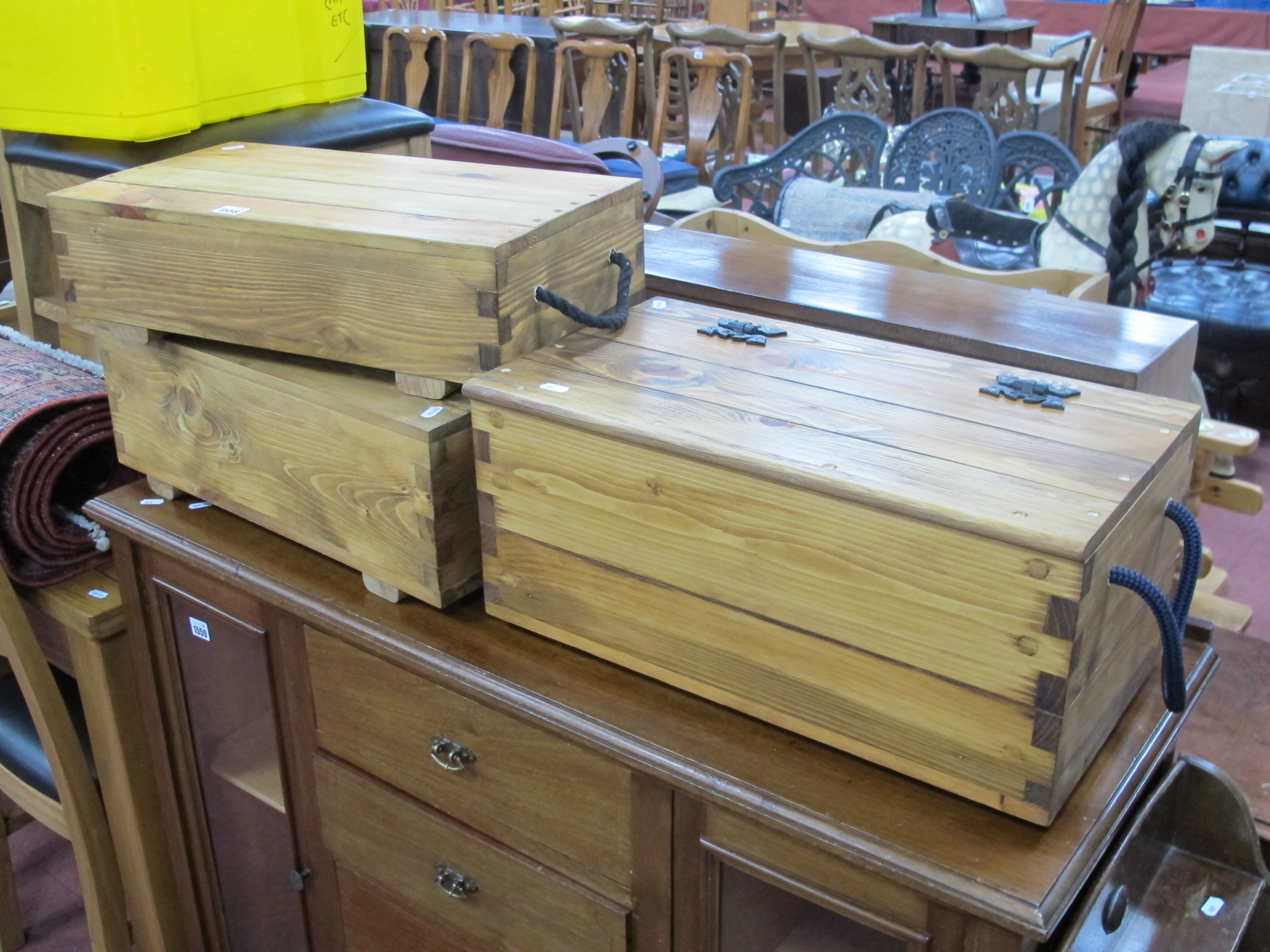 Three Hand Made Pine Rectangular Shaped Boxes, with rope handles, (3), the largest box 54cm wide.