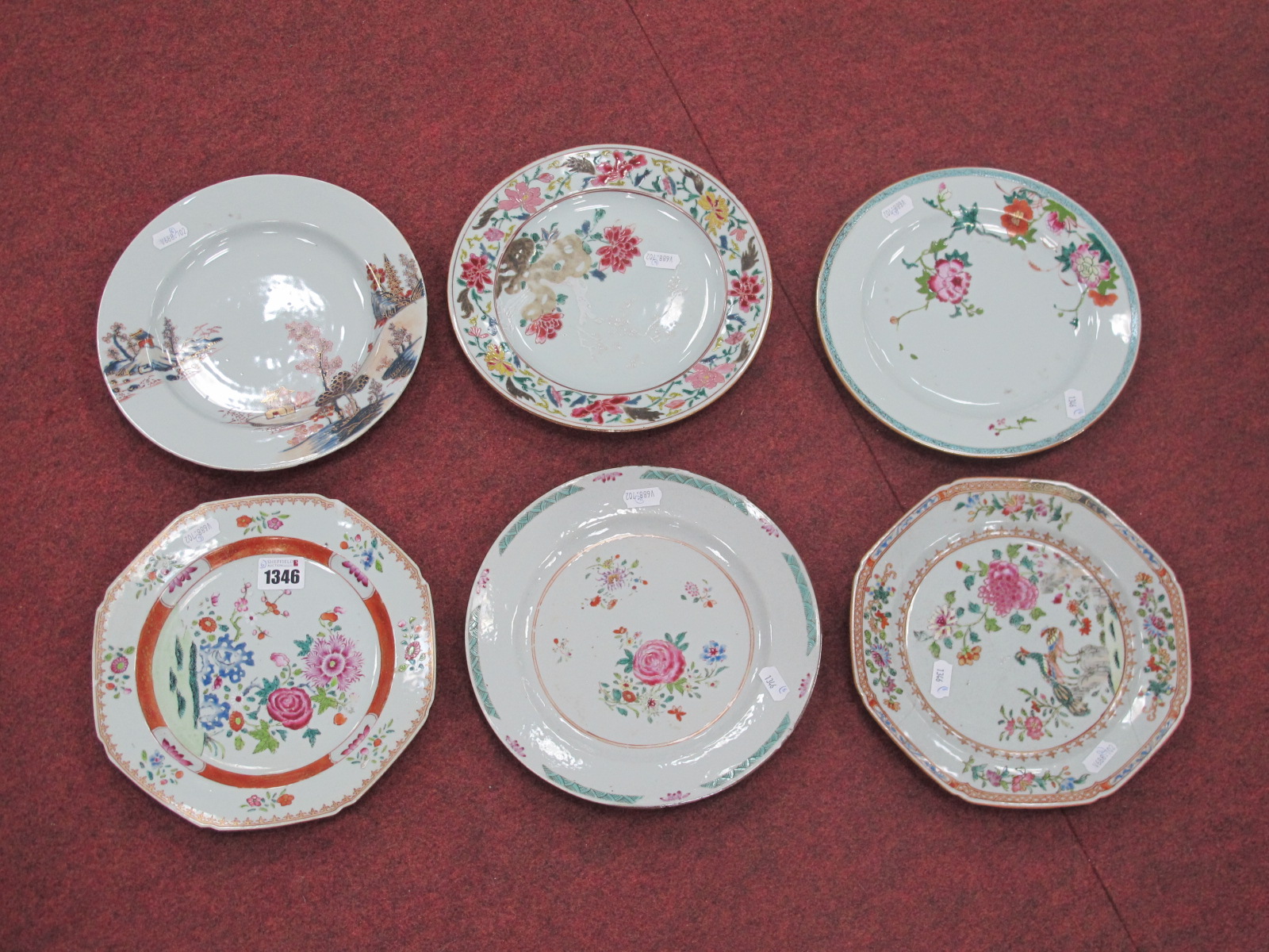 Oriental - Six XIX Century hand painted plates, two octagonal and four circular featuring foliage,