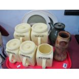 Bristol Kitchenware Pottery Yellow Jars by Pountney & Co, 'Sugar' (damaged), 'Flour' 17cm high.