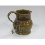 Tobin Green Glaze Jug, with reptile skin effect handle fanning out to body, 6206 and name under