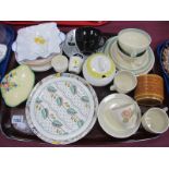 Susie Cooper Jam Pot, cups and saucers, Ringwood 'Hedgerow', Myott 'Mandalay' and other plates,