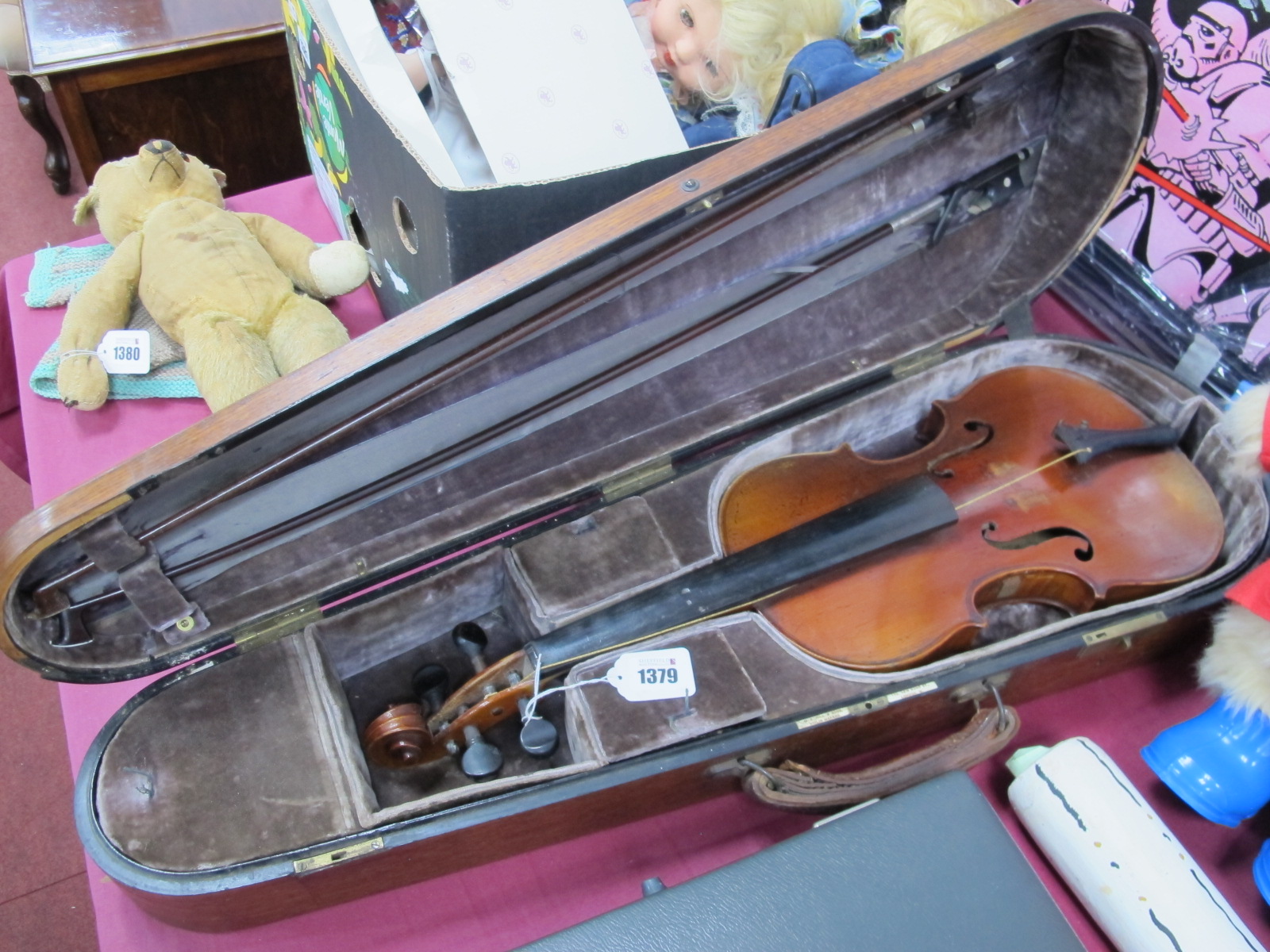 Violin, J.T.L Dulcis Et Fortis, signed inside, one piece back, together with two bows and a case