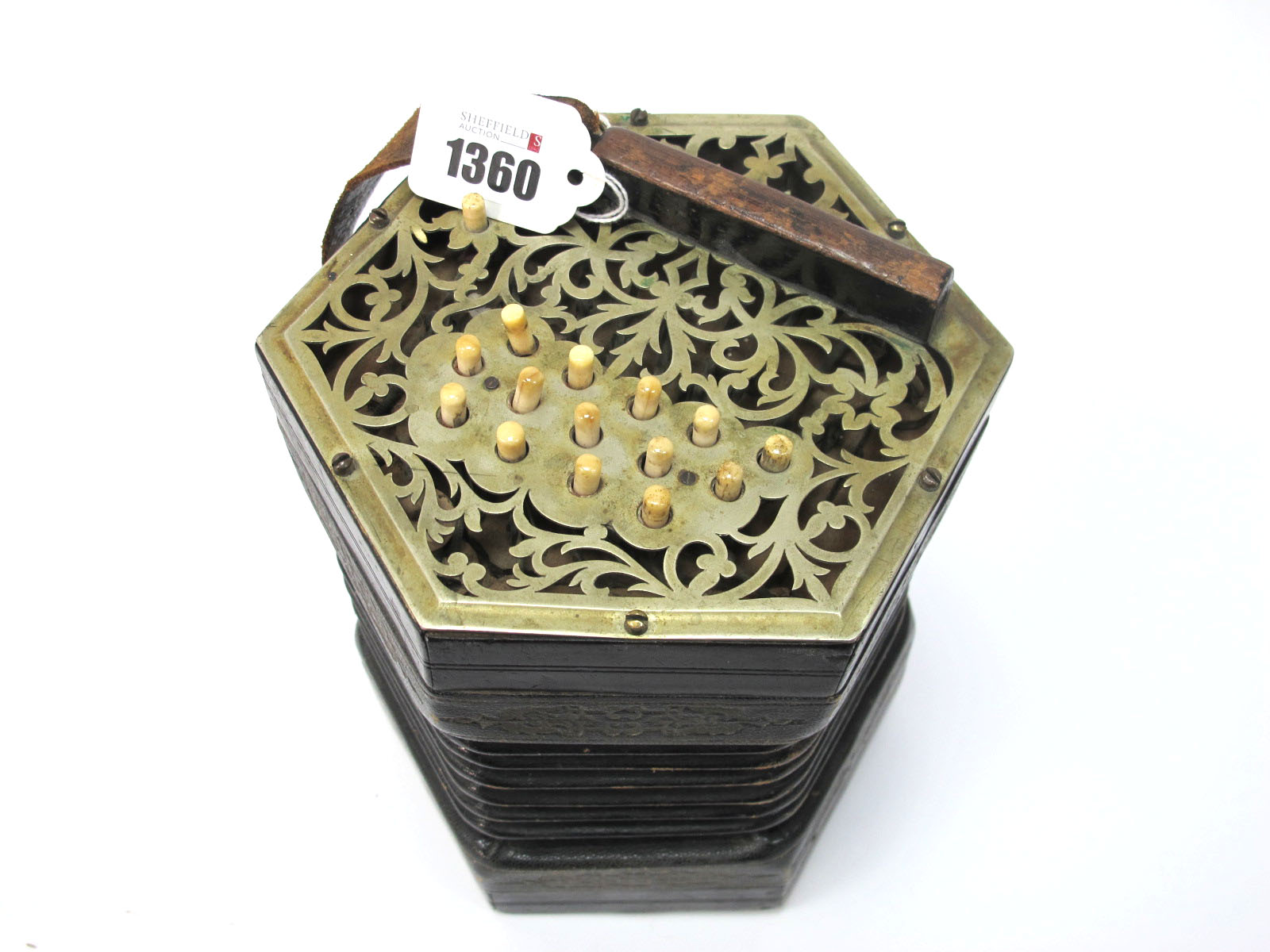 C. Jefferies Concertina, with thirty buttons (one absent), six section leather bellows, fret cut - Image 3 of 6