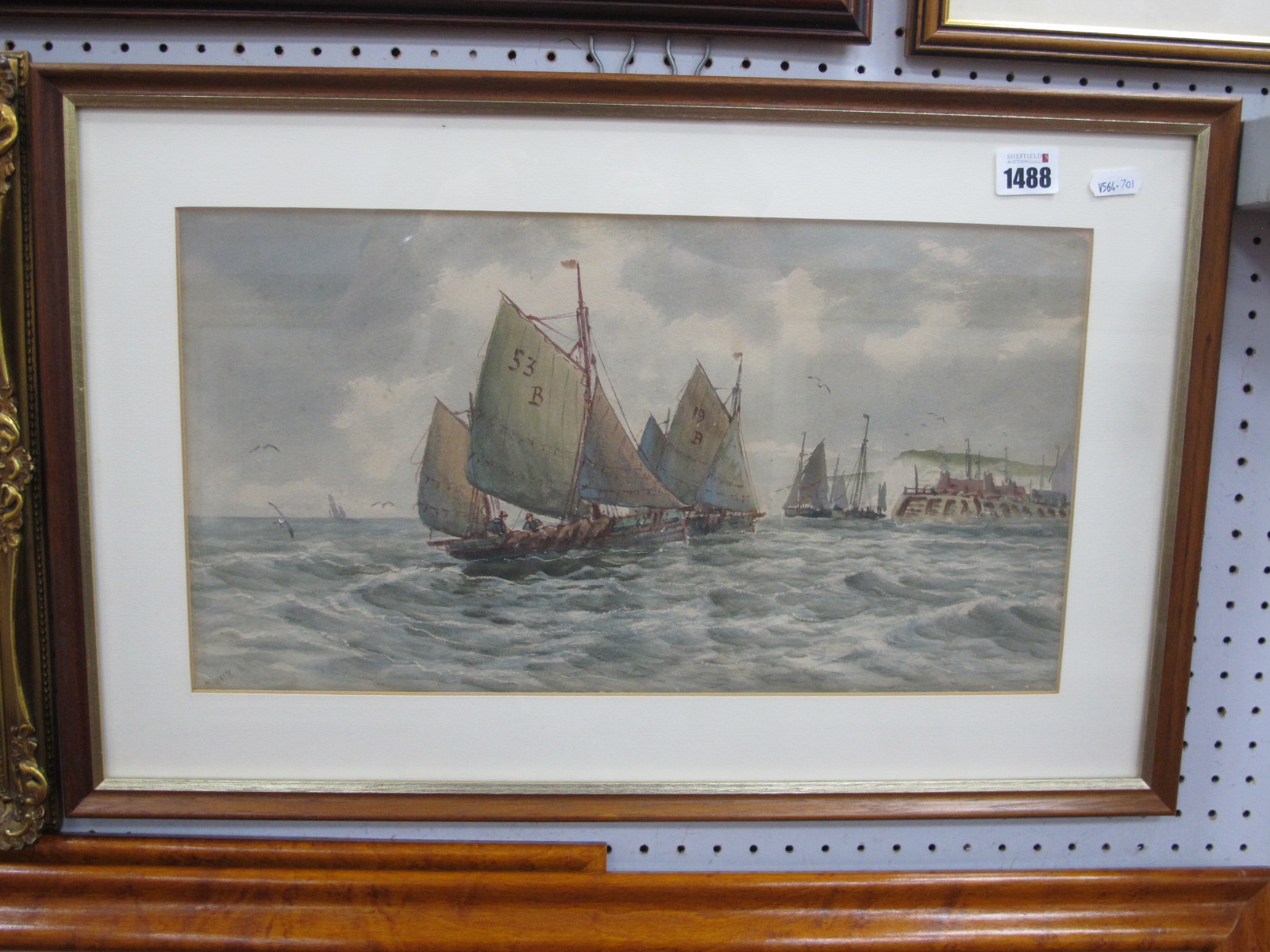 D. Watts, Fishing Boats at Full Sail, in choppy seas off harbour, watercolour signed lower left,