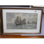 D. Watts, Fishing Boats at Full Sail, in choppy seas off harbour, watercolour signed lower left,