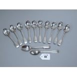 A Set of Twelve Hallmarked Silver Fiddle Pattern Teaspoons, Henry Holland, London 1873,