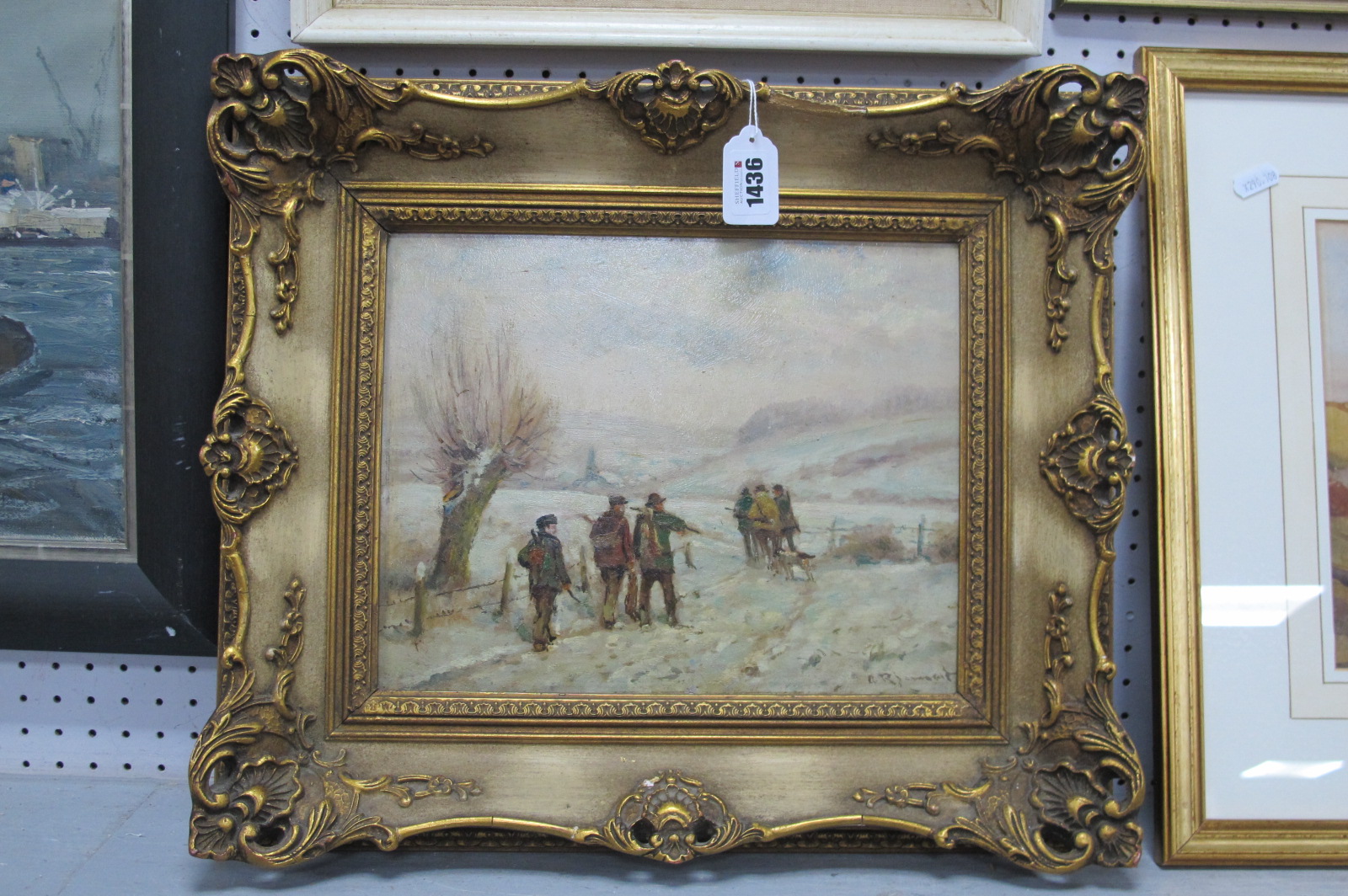 *ARR Adolf Rheiert (1879-1958), A Shooting Party in a Snowy Landscape, on the edge of a village, oil