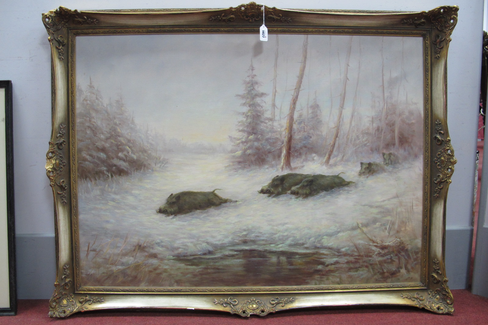 Early/Mid XX Century German School, Wild Boar Racing Across a Snowy Winter Landscape, oil on canvas,