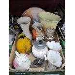 Doulton Charger and Vase, cornucopia vases, teapots, Beswick fan vase, etc:- One Box