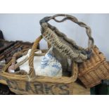 Clarks Wicker Basket, other wicker baskets, tablecloths, glass vase.