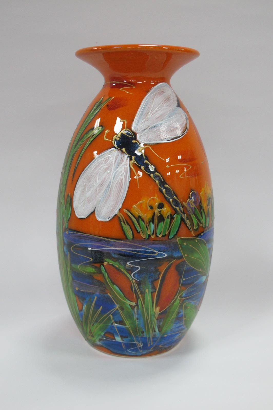 An Anita Harris 'Dragonfly, Poppies and Iris' Minos Vase, gold signed, 20cm high.