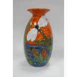 An Anita Harris 'Dragonfly, Poppies and Iris' Minos Vase, gold signed, 20cm high.