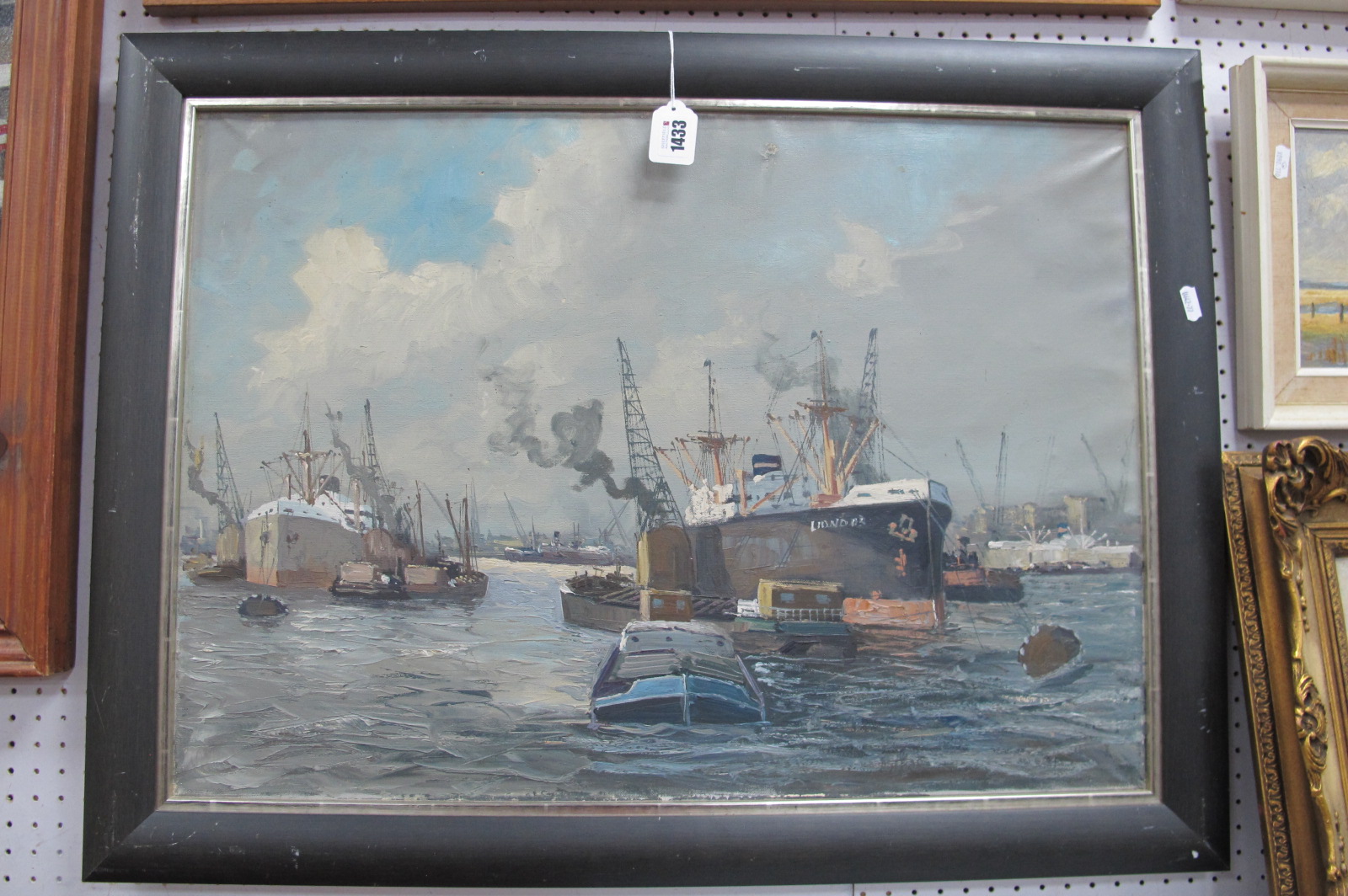 Early XX Century Continental School, Ship and Barges on a Busy City River, oil on canvas,