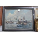 Early XX Century Continental School, Ship and Barges on a Busy City River, oil on canvas,