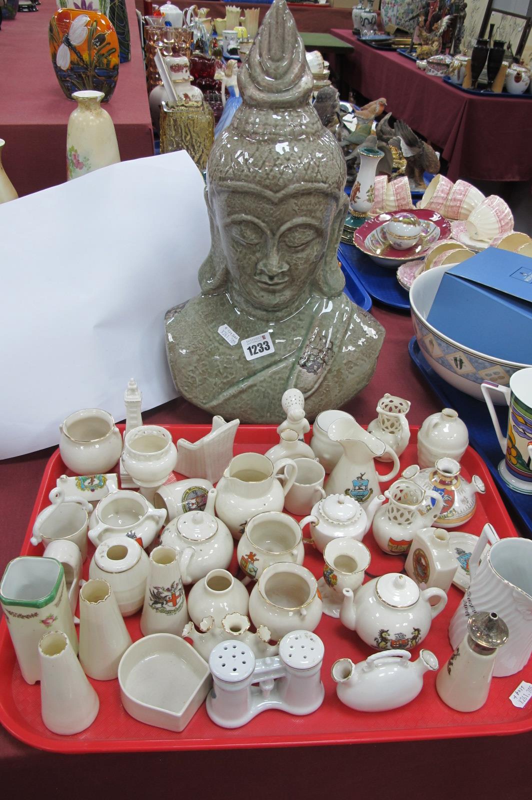 Pottery Bust of Buddah, 41cm high, crested china including:- Warwick, Arcadian, Carlton.