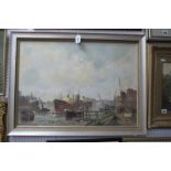 Early XX Century Continental School, Ships and Barges on a Busy City River, with horse and cart, oil