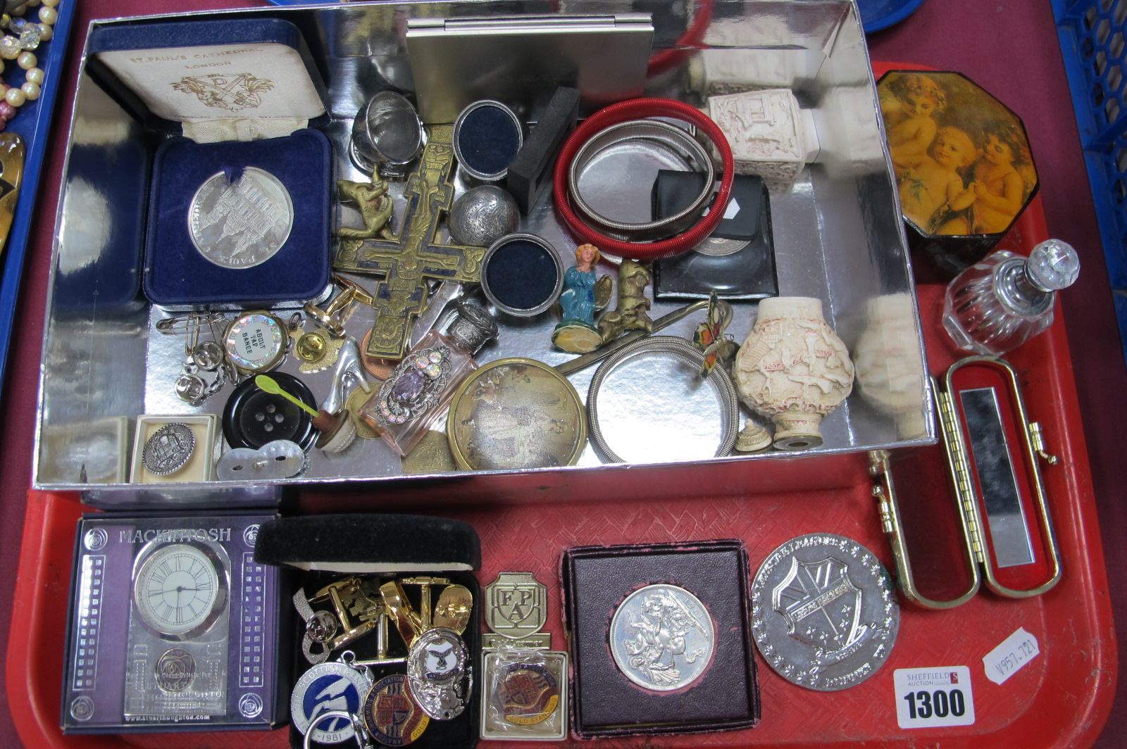 Enamelled Badges, coinage, Mackintosh bedside clock, scent bottles, etc:- One Tray