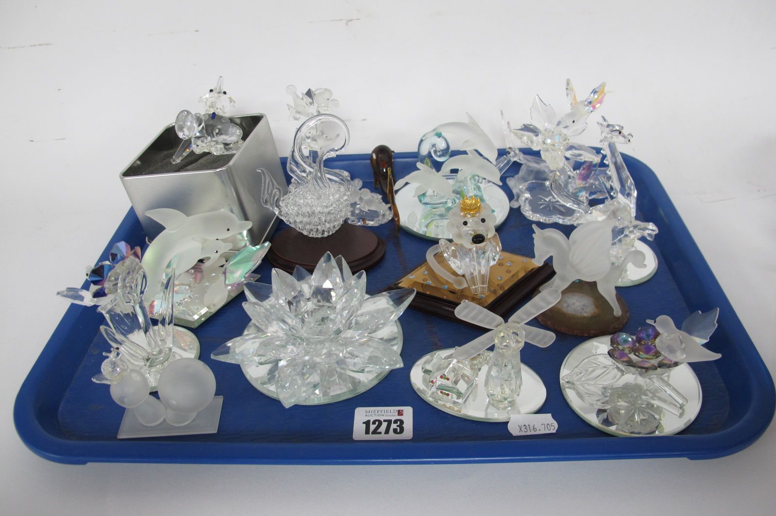 Glass Animals, candle holder, Pinnochio, etc:- One Tray