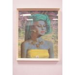 After Vladimir Tretchikoff, Balinese Girl, coloured print,in white painted frame, label to back,