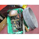 Copper Kettle, flat iron, brass light switches etc:- One Box