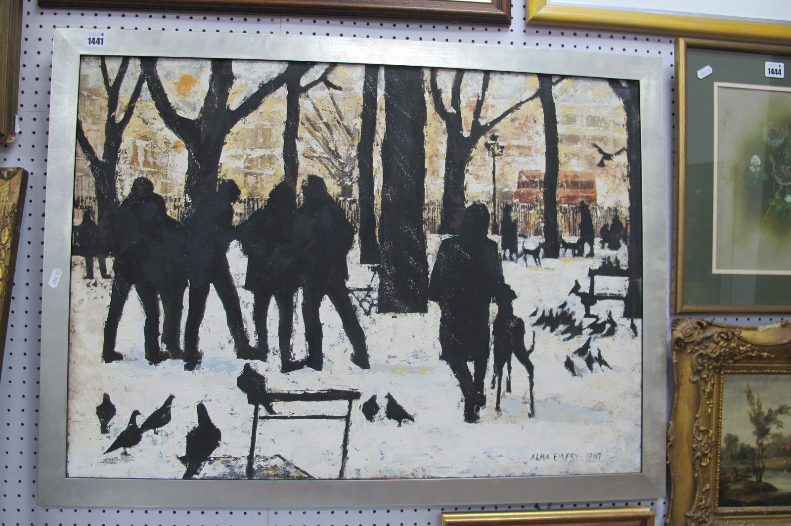 Alma Emery (1931-2007), Winter Scene with Figures, Dogs and Pigeons, oil on canvas, signed and dated