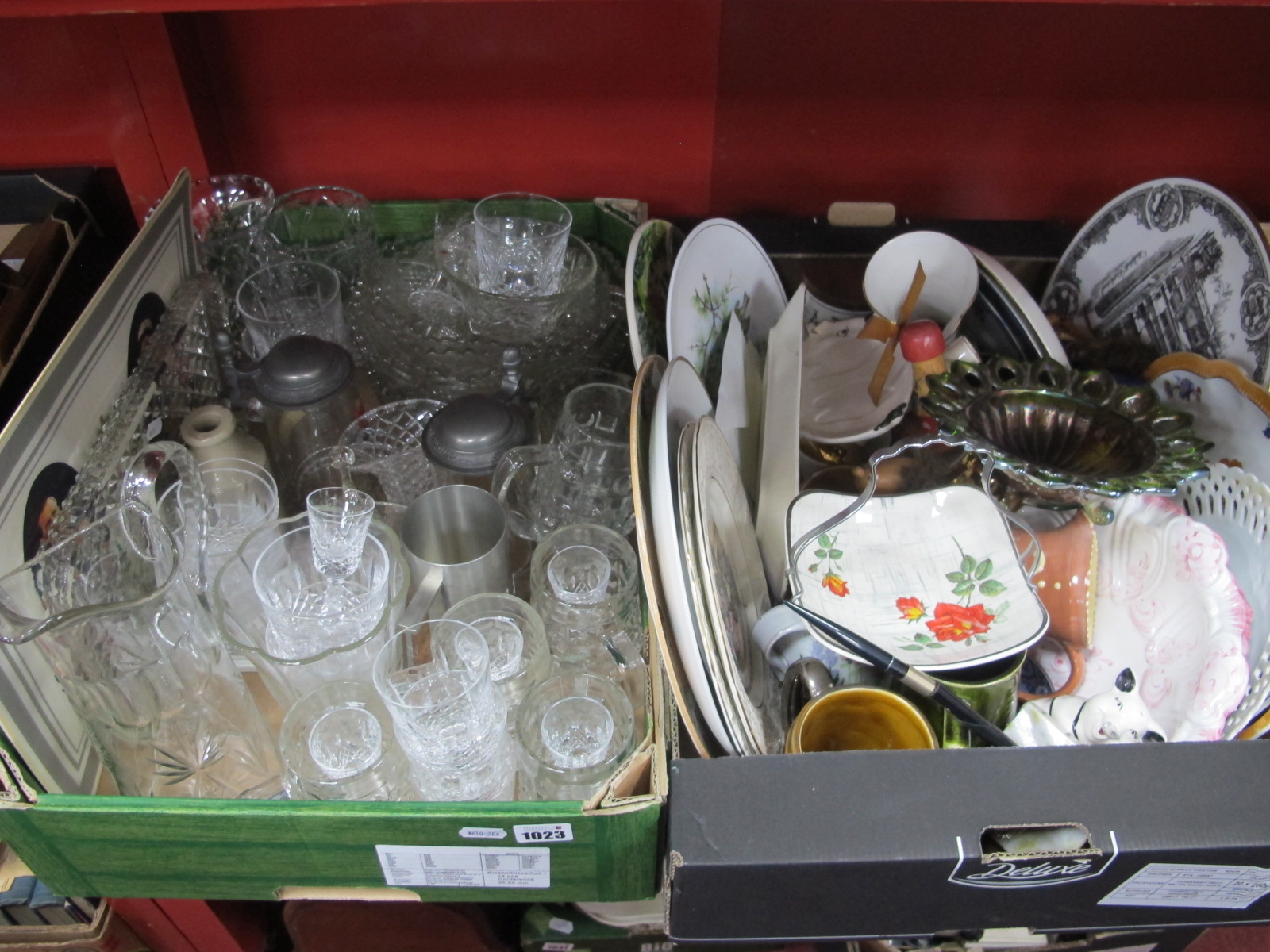 Cut Glass Whiskey Glasses, beer mugs, cabinet plates, etc:- Two Boxes.