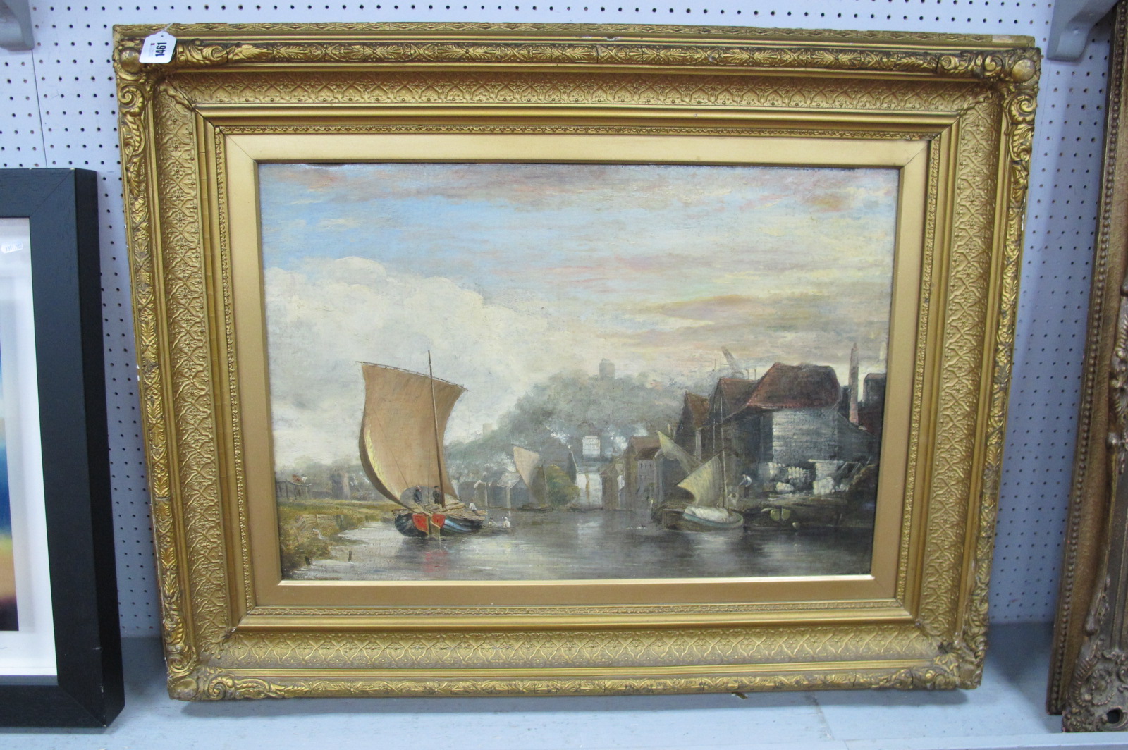 XIX Century, Barges Approaching a Town Quay with a Hilltop Castle Beyond, oil on canvas, unsigned,