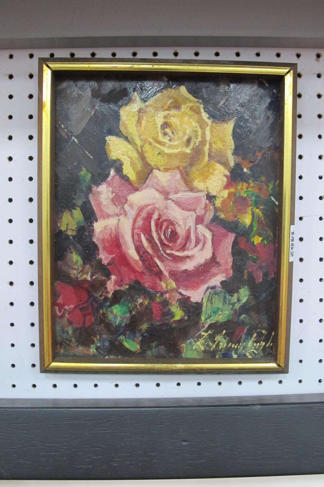 Lamplugj? Still Life of Roses, XX Century oil on board, signed lower right, 24 x 19cm.