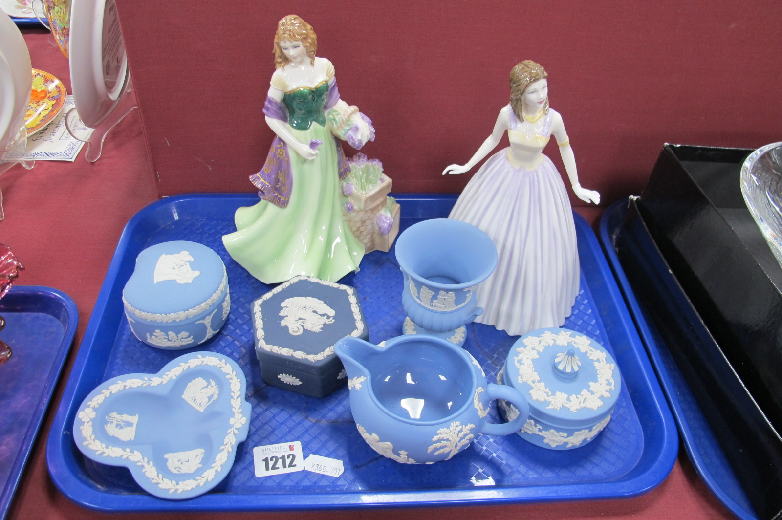 Worcester 'Lavender' Figurine, Doulton 'Happy Birthday' example, Wedgwood Jasper Ware trinkets.