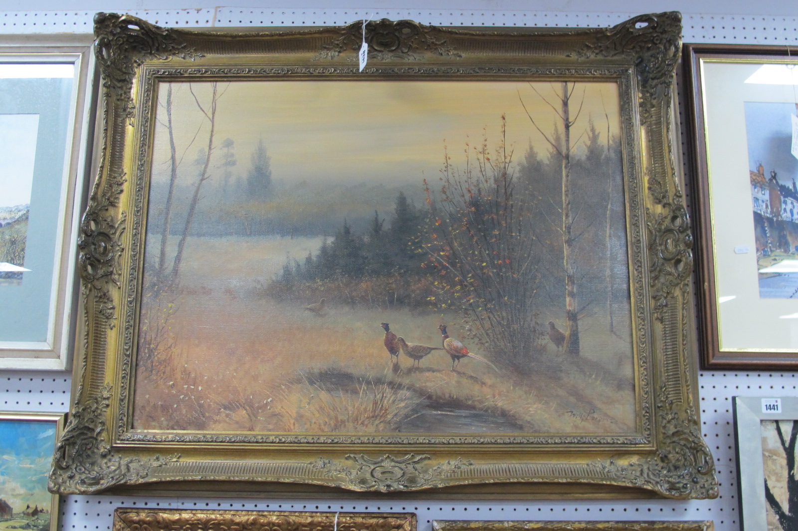*ARR Wilhelm (Willi) Lorenz (1901-1981), Pheasants Gathered by a Pond in an Autumn Landscape, oil on