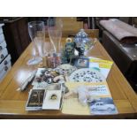 Chevrolet Car Sign, Italian inlaid plate, postcards, coffee pot, etc:- One Box and Pair of Glass