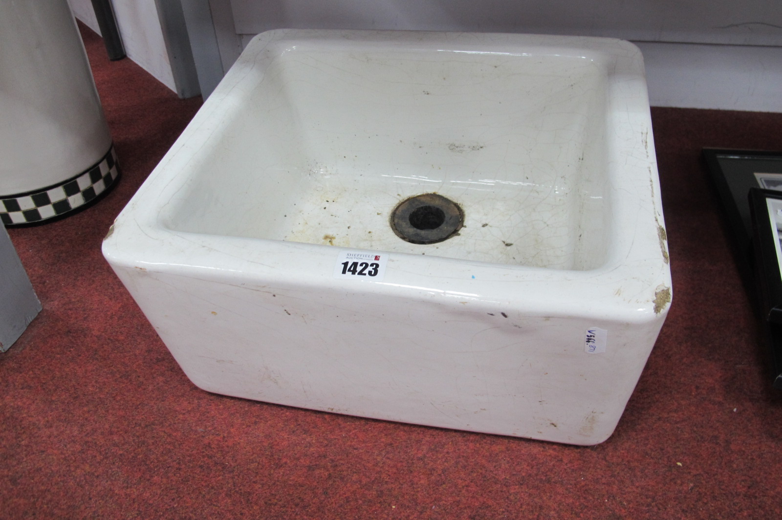 A Yorkshire Style Pottery Sink, white glazed (chips), 36.5 x 31.5 x 17.5cm high.