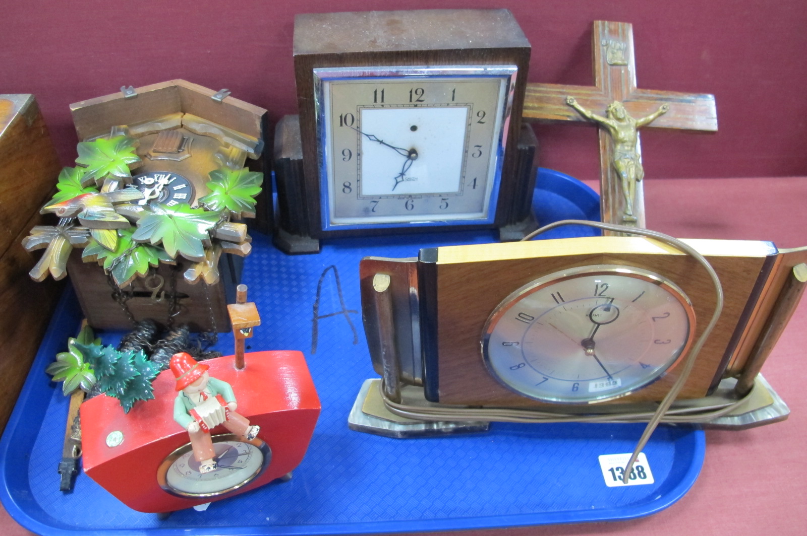 Mercedes Christmas Clock, cuckoo clock, mantle clocks, crucifix:- One Tray.