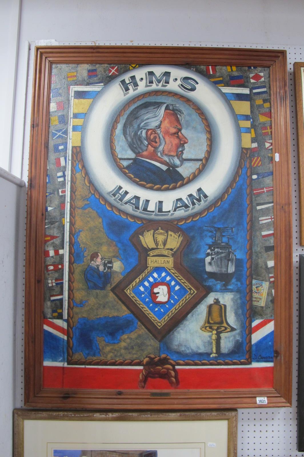 D. Cameron, HMS Hallam, montage, oil on canvas, signed lower right, presentation details to back,