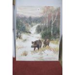 German Mid XX Century, Wild Boar in a Winter Landscape at Dusk, oil on canvas, unsigned, 90 x