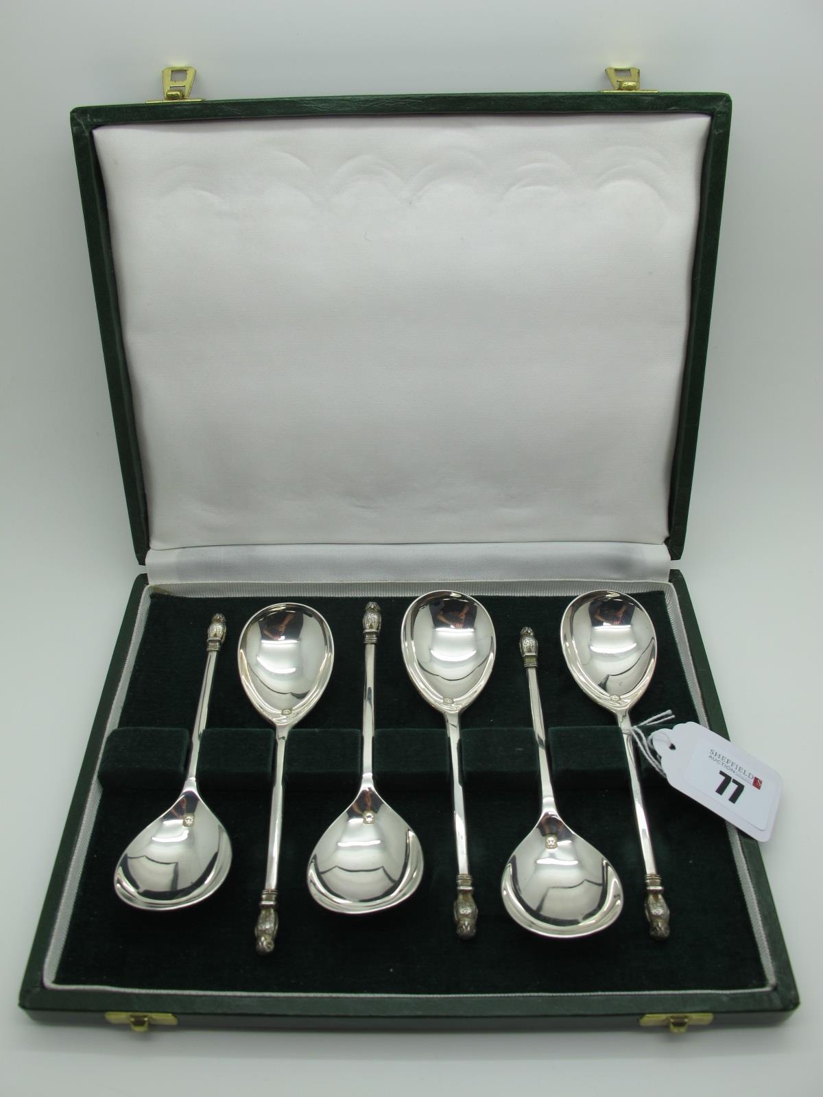 A Set of Six Hallmarked Silver 'Owl Knopped' Spoons, R&B, London 1986, 16th Century style (