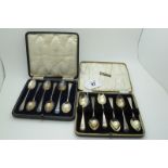 A Set of Six Matched Hallmarked Silver Teaspoons, in a fitted case; together with another set of six