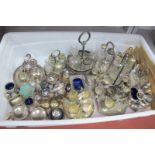 A Collection of Assorted Plated Condiment / Cruet Items, including egg cruet stands (incomplete),