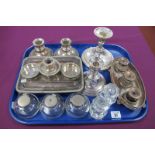 XIX Century Plated on Copper Inkstands, a set of three glass inkwells, with hinged metal lids, a