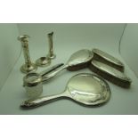 Hallmarked Silver Backed Dressing Table Items, including pair of candlesticks, brushes, glass tidy