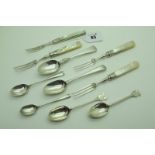 A Set of Three Mother of Pearl Handled Dessert Forks, each with hallmarked silver ferrule;