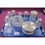 Hallmarked Silver Mounted and Other Glass Dressing Table Jars and Bottles, including set of three