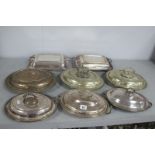 A Collection of Assorted Plated Lidded Entree Dishes, rectangular and oval, including pairs. (8)