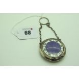 A Hallmarked Silver and Enamel Compact, highlighted in purple and white, on chain suspension with