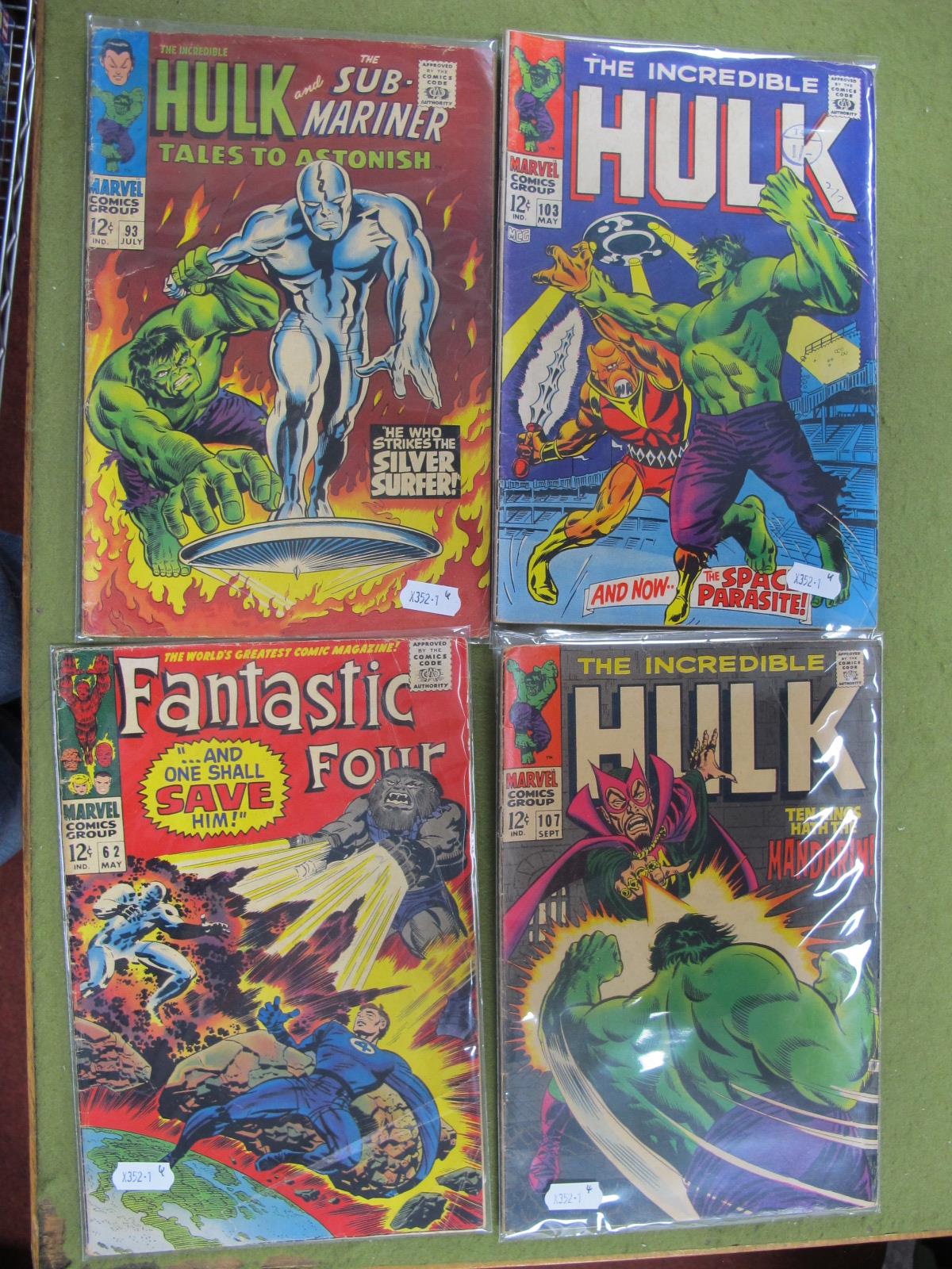Four Marvel Comics, comprising The Incredible Hulk #107, Fantastic Four #62, Incredible Hulk 103 and