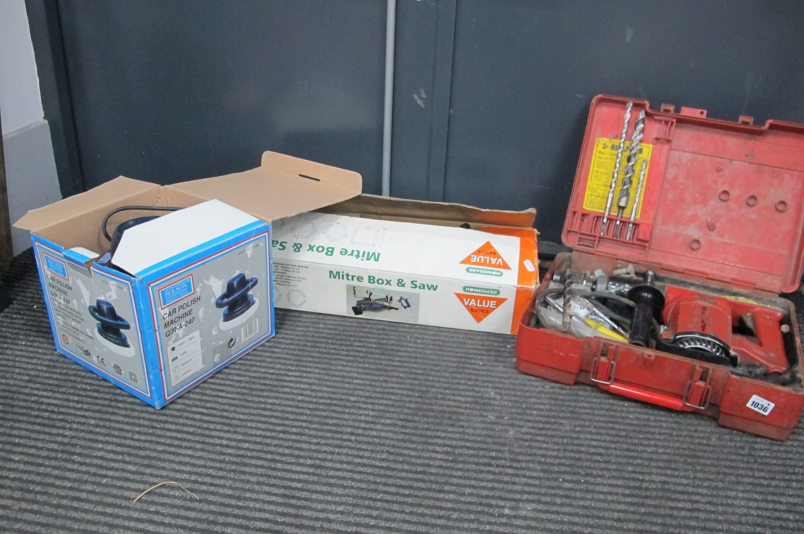 Hilti Hammer Drill, Homebase mitre box and saw, Rolson car polishing machine (all untested sold